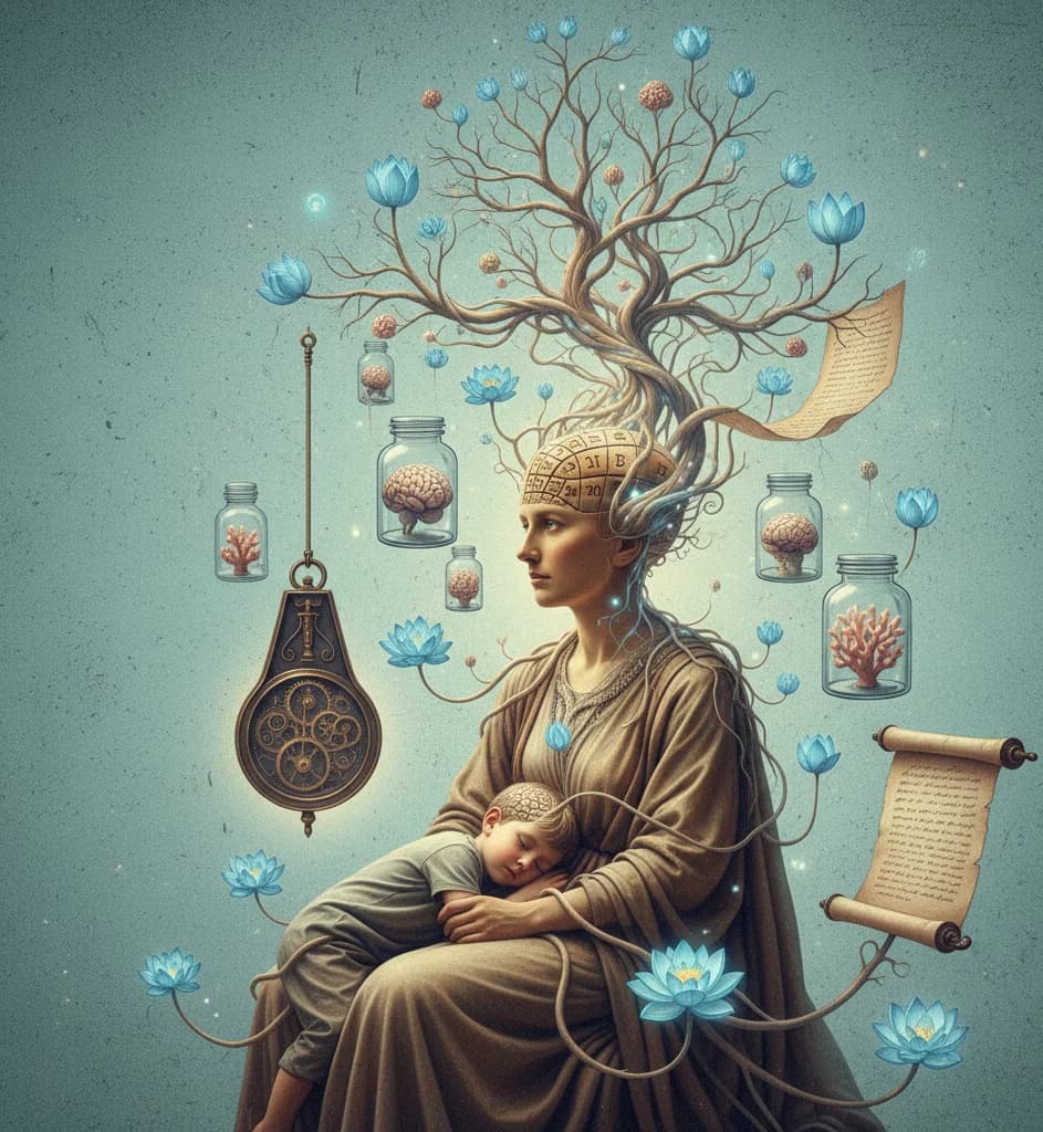 Ilustración de una mujer con un árbol de ritmos internos, un reloj y motivos cerebrales