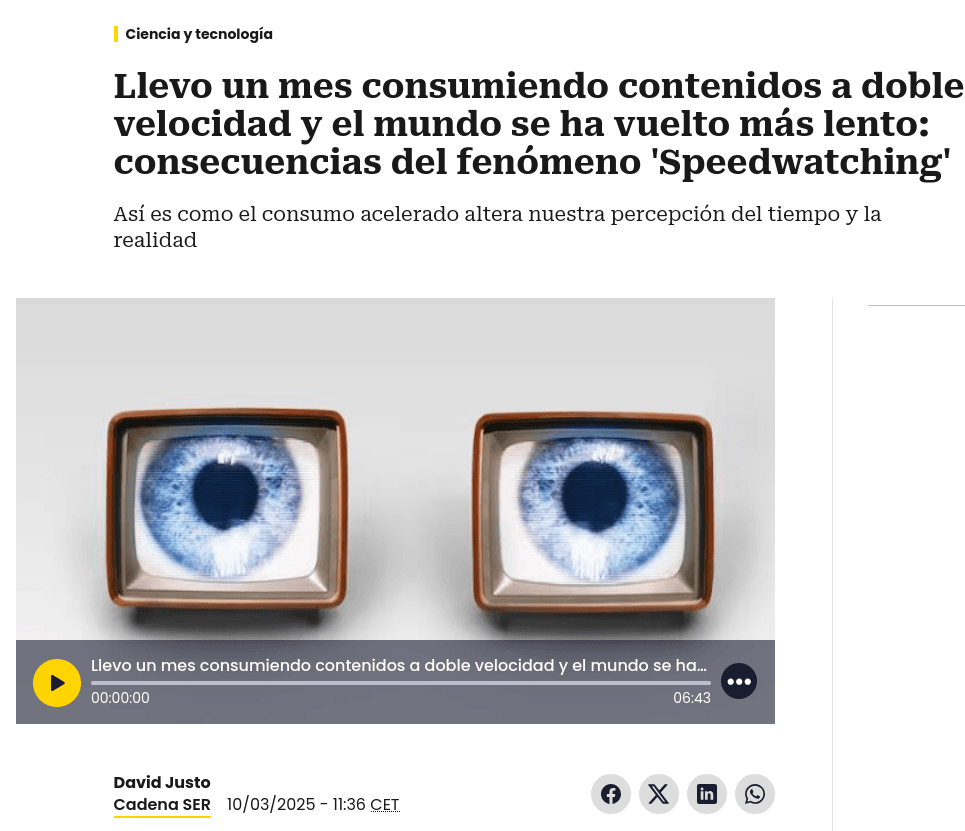 Captura del reportaje de Cadena SER sobre speedwatching, con dos televisores y su reproductor de audio
