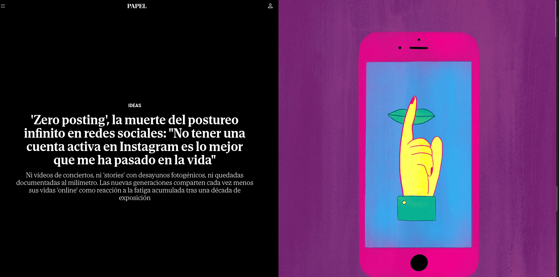 Captura de la edición digital de Papel: Zero posting: el silencio digital