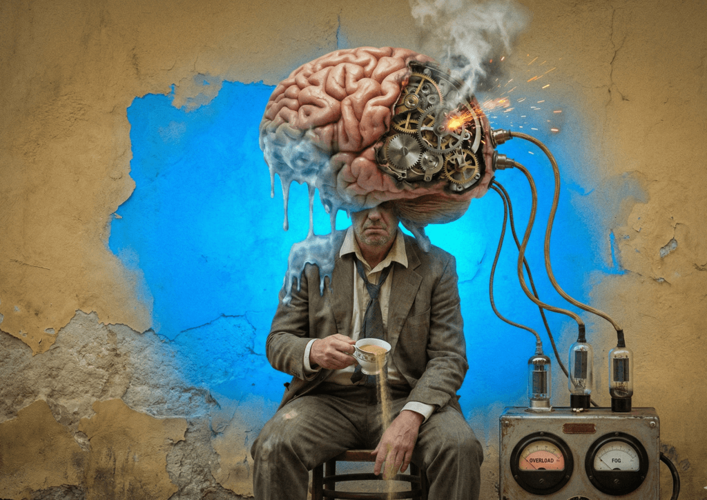 Ilustración surrealista de un hombre exhausto cuya cabeza es un gran cerebro con engranajes mecánicos echando chispas y derritiéndose. Está conectado por cables a una máquina vintage que indica 'sobrecarga' y 'niebla', representando el sobrecalentamiento neurológico y la niebla mental generados por un protocolo inadecuado en el TDAH adulto.