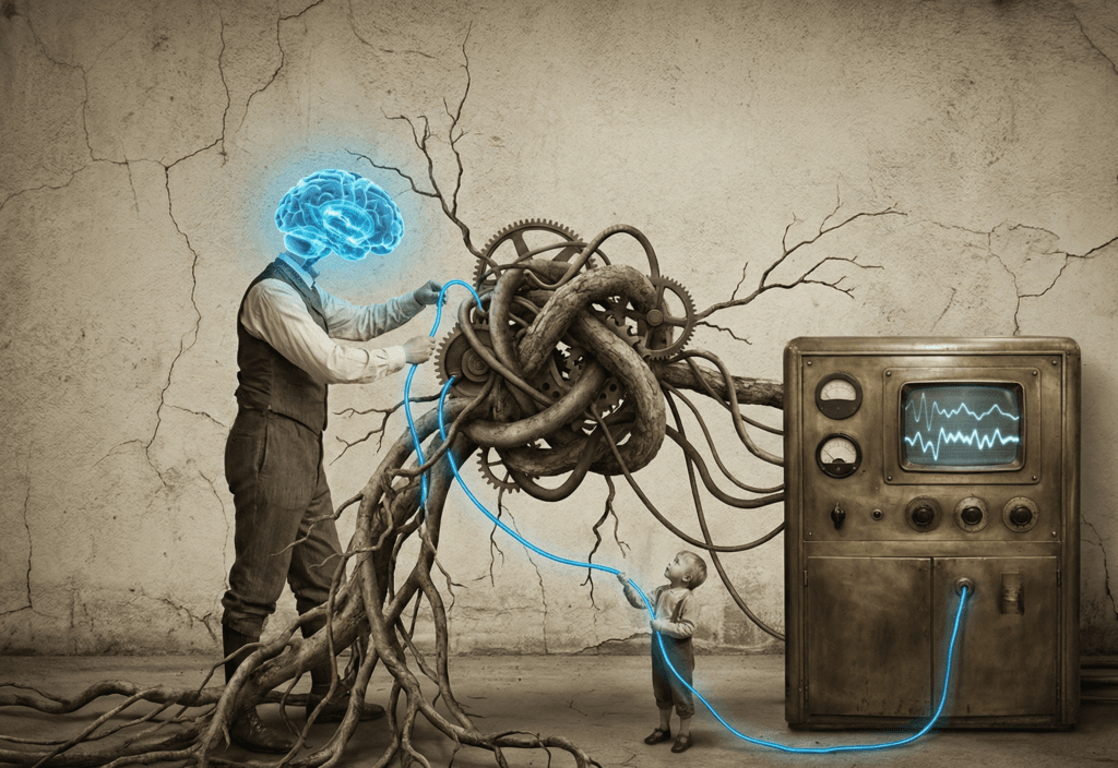Metáfora visual del abordaje bottom-up en terapia: un adulto y un niño conectando la actividad eléctrica cerebral a una máquina vintage, ilustrando cómo el neurofeedback repara el bloqueo fisiológico y fomenta la neuroplasticidad.