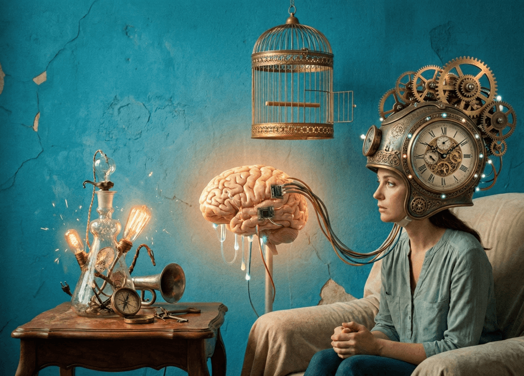 Imagen surrealista de una mujer sentada con un casco de neurofeedback conectado a un cerebro externo flotante