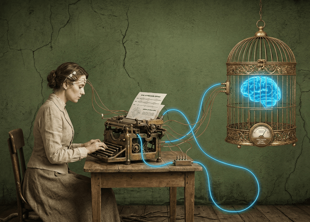 Mujer escribiendo en una máquina antigua conectada por cables a un cerebro brillante dentro de una jaula. Representación del análisis preciso en neurofeedback clínico